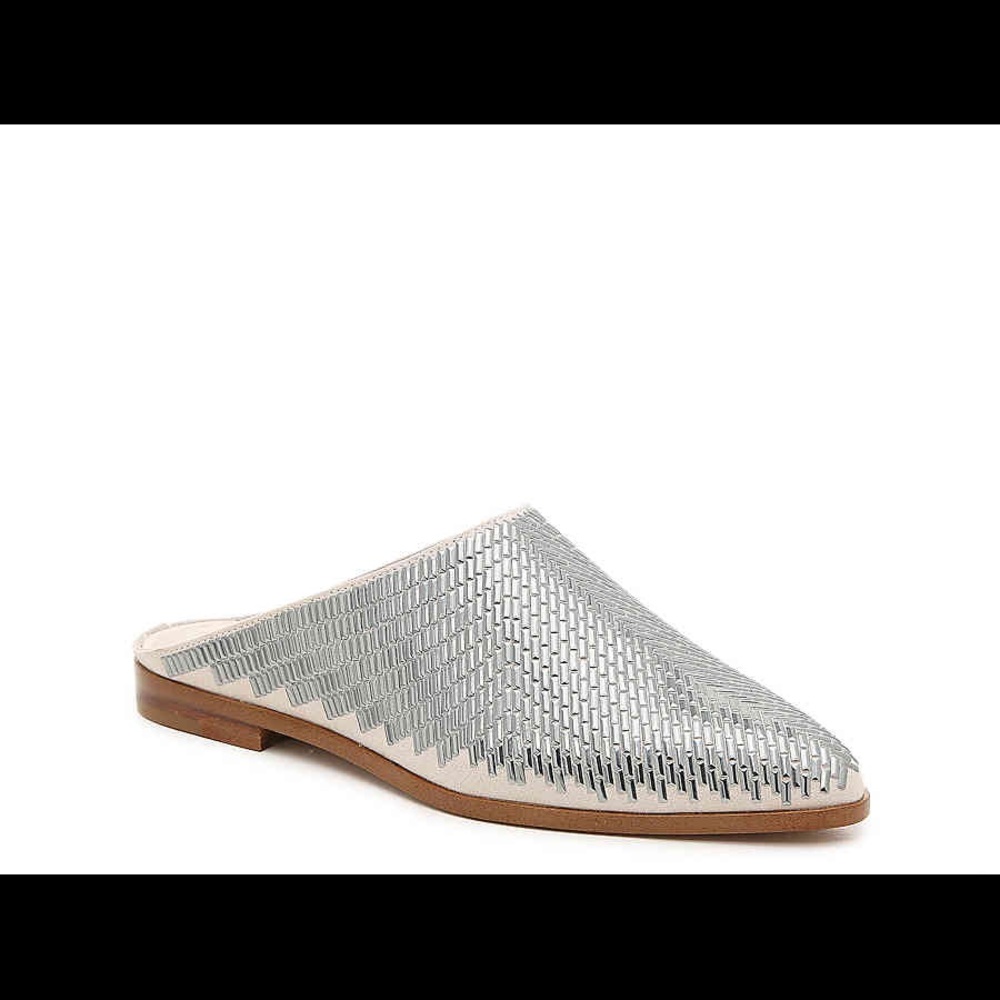 1. STATE silver/beige “baton” mules SZ 8